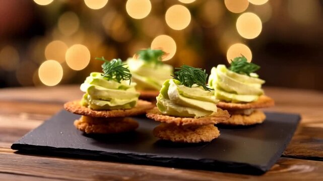 Gourmet appetizers with creamy avocado and dill on a black slate