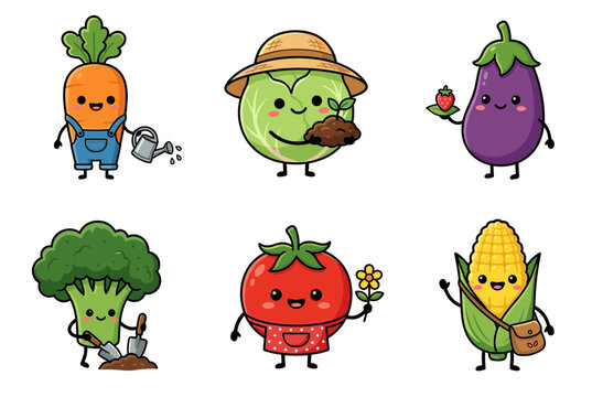 Adorable vegetable characters gardening collection featuring carrot cabbage eggplant broccoli tomato and corn in kawaii mascot cartoon illustration