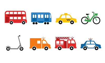 Flat vector transport icons set featuring public transit vehicles like bus train taxi and emergency services including ambulance fire truck police car © 张锋