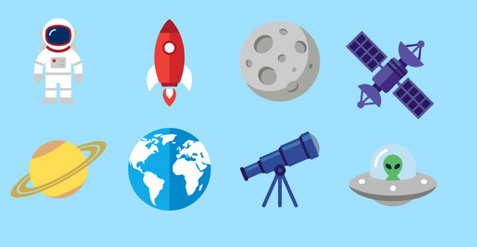 Flat vector space exploration icon set with astronaut rocket moon satellite planet telescope and alien spaceship for science and educational design