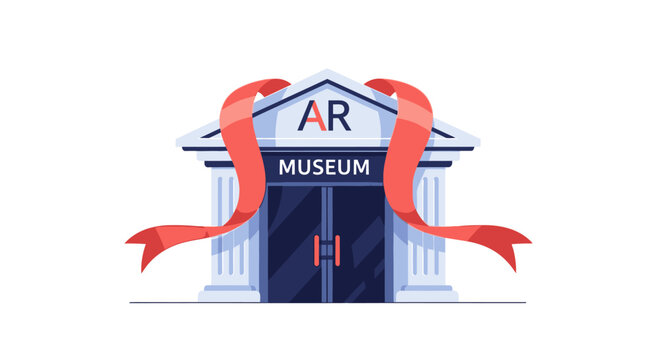 Augmented reality museum building with AR logo and red ribbon, concept for virtual museum tours and digital art exhibitions