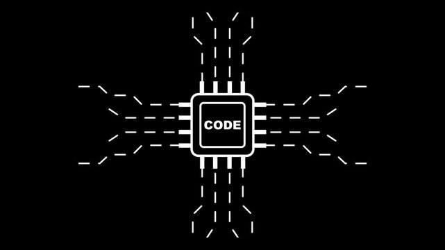 white microchip with c o d e text neon effect on black background technology coding concept code