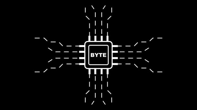 Glowing blue microchip b y t e circuit board neon light technology concept byte