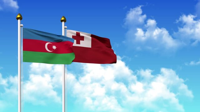 Waving flags of AZERBAIJAN and TONGA on pole included with alpha