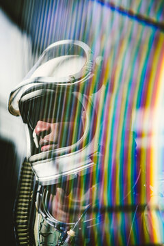 Portrait of serious astronaut in spacesuit