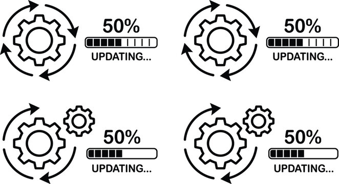 System update icon, software progress, gear symbol, updating process, technology illustration, loading bar, digital interface, progress indicator, computer update graphic