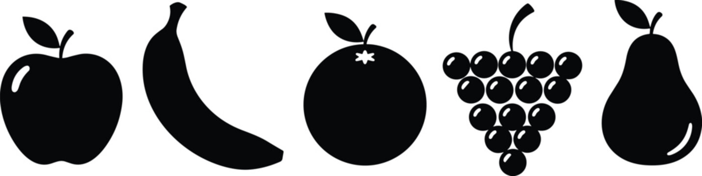 Fruit silhouette icons set including apple banana orange grapes and pear for healthy eating organic food market and vegan grocery branding