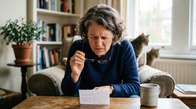 Mature woman struggling to read small print at home