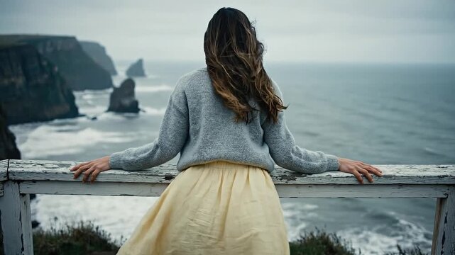 Woman in gray sweater and yellow skirt stands at cliff edge, gazing at ocean waves crashing against rocks, wind blowing her hair, coastal landscape visible in the background