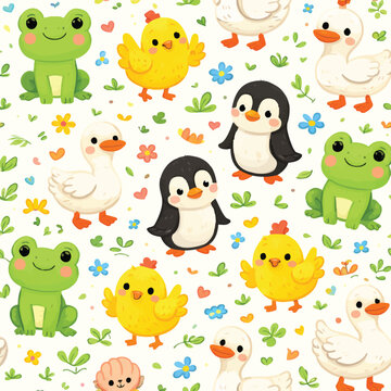 Cute Cartoon Animal Seamless Pattern with Frog Chick Penguin and Goose
