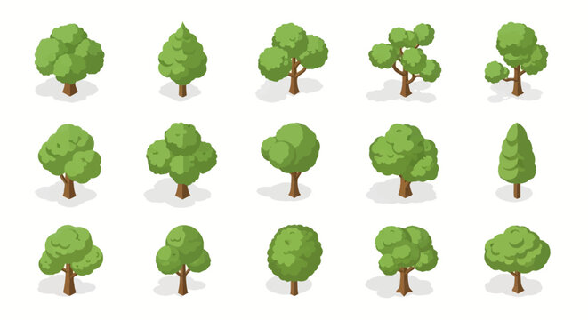 Set of fifteen isometric green tree icons featuring various foliage shapes and trunk designs, isolated on white background with shadows for architectural and landscape map design.