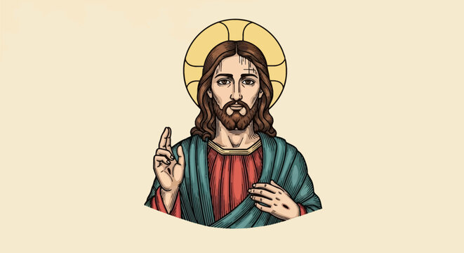 Vintage woodcut style engraving illustration of Jesus Christ with a golden halo and long hair, wearing a red tunic and teal green cloak, performing a traditional blessing gesture.