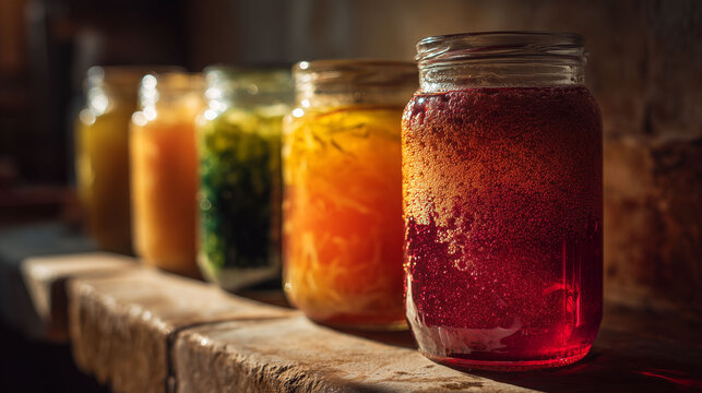 Jars with fermented vegetables, fruits, and drinks on wooden shelf with warm light