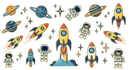 Cute Astronauts, Rockets, Planets and Stars in Space - Kids Illustration © happy