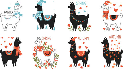 Fototapeta premium Cute Llama Cartoon Collection with Seasonal Elements Spring and Autumn Alpaca Characters Adorable Animal Illustration Set