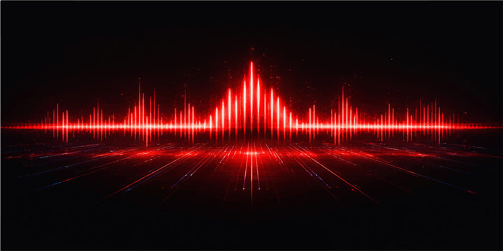 Abstract red background with lines featuring a digital heartbeat pulse and medical EKG frequency wave illustration for a health monitor cardiogram