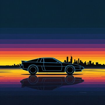 Retro 80s Synthwave Sports Car Illustration with Neon Outlines and City Skyline Silhouette at Sunset, Vaporwave Aesthetic Background with Water Reflection