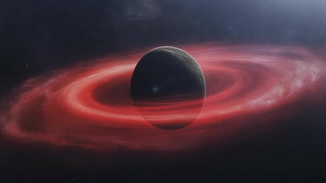 Scientific visualization of a supermassive black hole with a glowing red accretion disk in deep space.