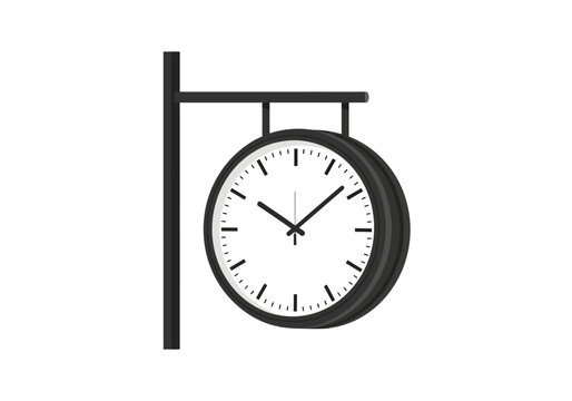 Classic black double-sided hanging clock illustration, a timeless symbol of public timekeeping and traditional street or station design