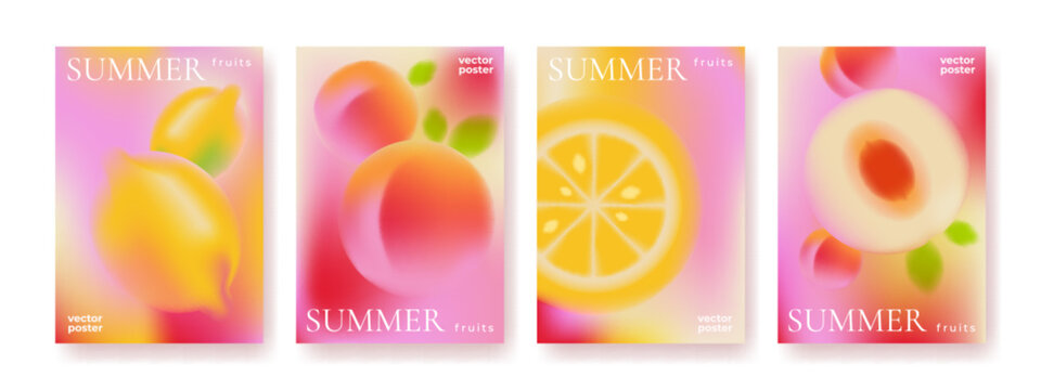 Summer gradient backgrounds with abstract blurred fruit shapes, set of vector cards. Fresh colorful defocused illustration with lemon and peach slices elements. Modern minimal banner design