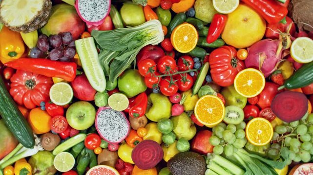 Various Kind of Fresh Fruits and Vegetable. Camera Placed on Motion Control System. Filmed on High Speed Cinema Camera. Camera in Motion.