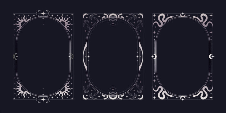 Magic black tarot cards set, celestial moon and sun icons. Vector realistic illustration of mystic vintage cards with silver floral border, snake and star ornaments, esoteric symbols, astrology signs