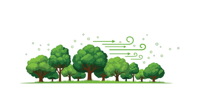 Green forest landscape with wind arrows and floating pollen particles illustrating seasonal allergies and environment.