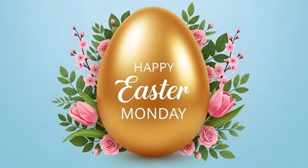 A golden easter egg with pink flowers and leaves on a blue background