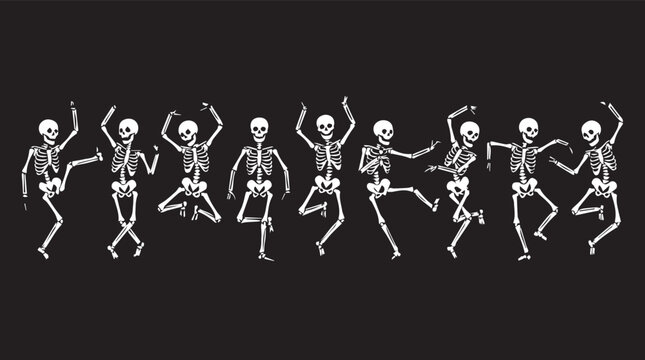 A sequence of dancing skeletons in various dynamic poses against a solid black background in a white illustration style