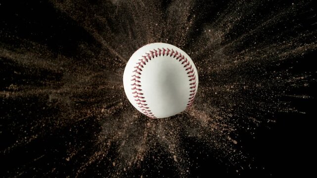 Super Slow Motion of Falling Baseball Ball with Powder Explosion, Top View. Filmed on High Speed Cinema Camera, 1000fps.