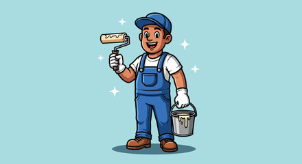 Cartoon Painter Holding Paint Roller and Bucket. © ErianJendra
