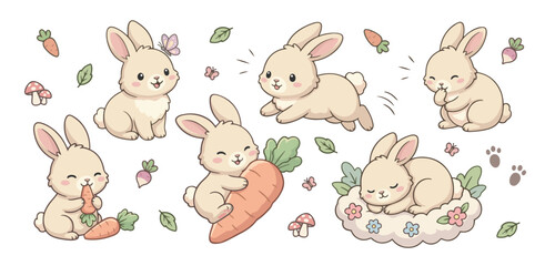 Obraz premium Rabbit. Vector collection of cute little bunnies doing various activities. Printable stickers with cute animals. Cartoon baby bunnies with carrots, butterflies, and mushrooms.