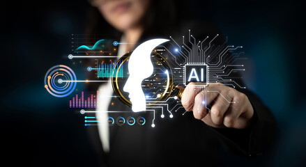 Human profile and AI circuit symbolize cognition, learning and data analytics, illustrating...