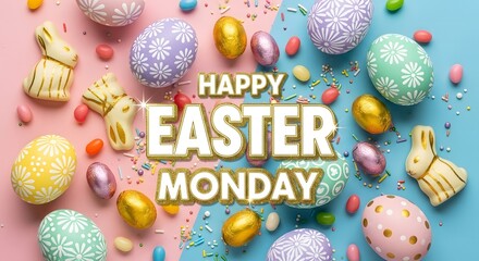Easter monday celebration with colorful eggs and bunnies