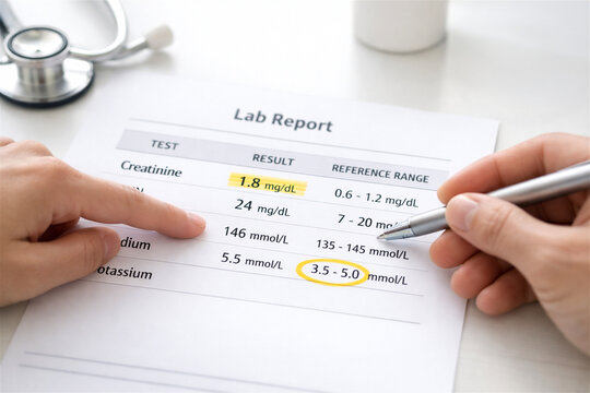 Doctor and patient reviewing medical lab report with creatinine result. Woman physician analyzing blood test data. Healthcare professional and patient discussing diagnosis in clinic.