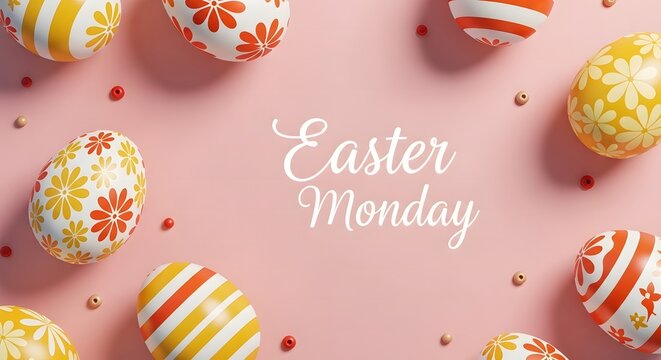Easter monday celebration with decorated eggs on pink background