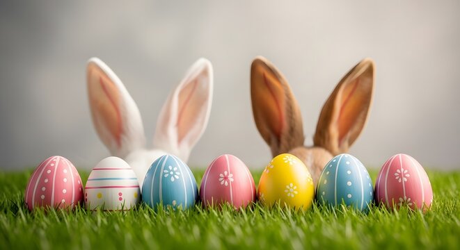 Easter bunny ears peek out from behind colorful eggs