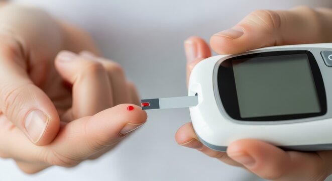 Hands are carefully inserting a blood sample on a test strip into a modern glucometer.