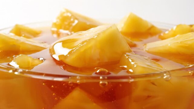 Close-Up of Pineapple Chunks in Syrup Being Poured in Slow Motion