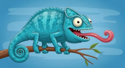 Naklejka premium A cartoon chameleon with a blue body and yellow eyes, sticking out its tongue and sitting on a branch with a green leaf.