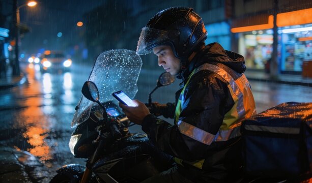 Delivery driver checking smartphone on motorcycle in the rain at night