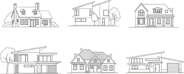 Obraz premium Set of modern and traditional house elevations in minimalist line art style including suburban villas cottages and contemporary homes for architecture