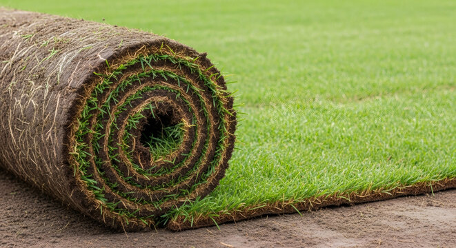 Rolled up sod for a new lawn. Fresh green grass turf being laid out. Garden landscaping and spring renovation concept.