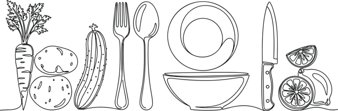 Continuous line drawing of kitchen utensils and fresh vegetables including carrot potato cucumber fork spoon bowl knife and lemon for cooking