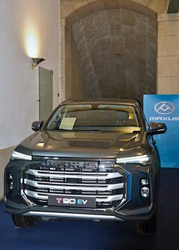 Maxus T90 EV electric pickup truck on display