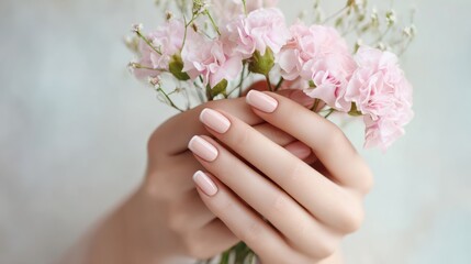 Fototapeta premium Woman holding pink flowers with elegant french manicure on nails. Beauty and skincare concept. Professional hand care, spa treatment and wedding style for bride. Feminine floral design.