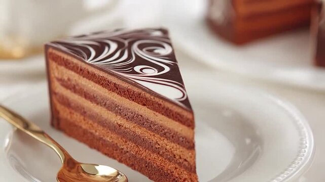 A delicious slice of layered chocolate cake with white swirl decoration on