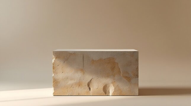 professional photo of a minimalist stone podium block with a naturally textured surface, set against a soft beige studio background, with side lighting that accentuates the subtle imperfections.