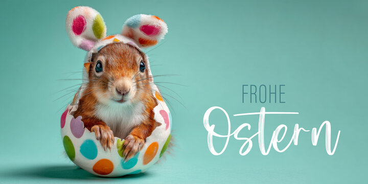 Frohe Ostern Konzept, Ferien Feiertag Gru&szlig;karte, Karte mit deutschem Text - Lustiger Osterhase Eichh&ouml;rnchen mit Hasenohren und Osterei isoliert auf blauem Hintergrund