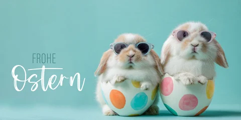 Frohe Ostern Konzept, Ferien Feiertag Grußkarte, Karte mit deutschem Text - Zwei lustige Osterhasen mit sonnenbrille und Osterei isoliert auf blauem Hintergrund © Corri Seizinger